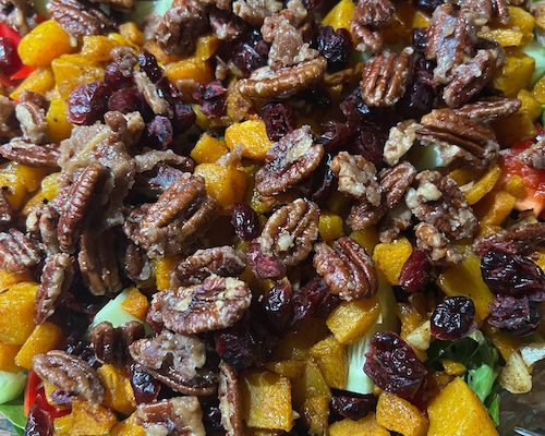 Candied Pecan, Cranberry, and Roasted Squash Salad￼
